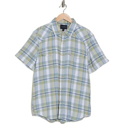 Lucky Brand Western Herringbone Short Sleeve Snap Front Shirt In Green Blue