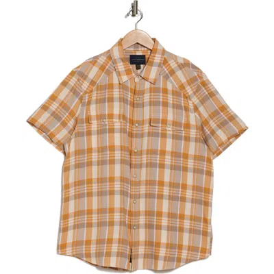 Lucky Brand Western Herringbone Short Sleeve Snap Front Shirt In Orange Plaid