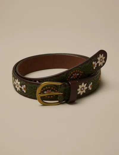 Lucky Brand White And Blue Flower Embroidered Belt In Green