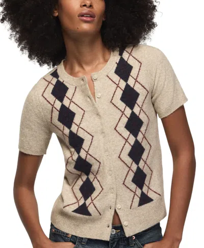 Lucky Brand Women's Argyle Crew-neck Short-sleeve Cardigan In Neutral