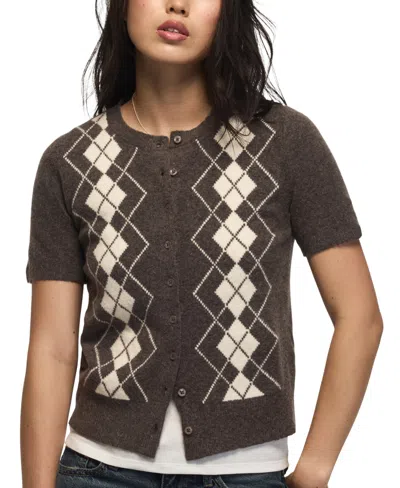Lucky Brand Women's Argyle Crew-neck Short-sleeve Cardigan In Brown