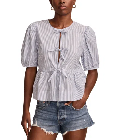 Lucky Brand Women's Babydoll Flyaway Cotton Tie-front Top In Blue Stripe