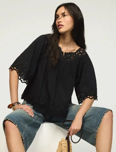 Lucky Brand Battenburg Lace Embroidered Top In Black