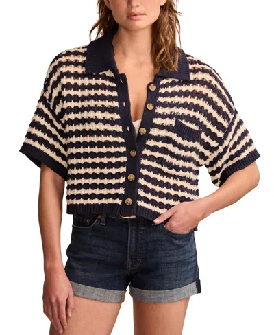 Lucky Brand Women's Button-down Short-sleeve Pointelle Polo Top In Cadet Navy Multi Stripe