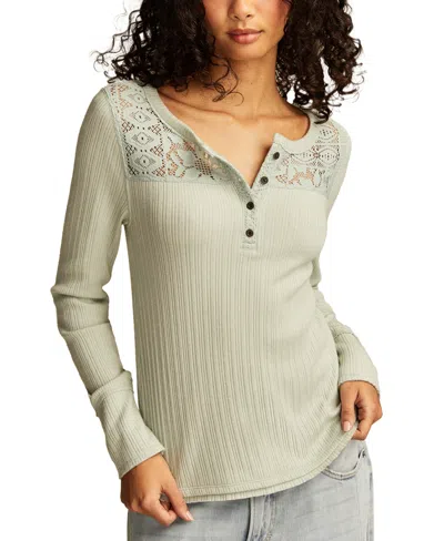 Lucky Brand Women's Cloud Lace Mix Henley Top In Aqua Gray