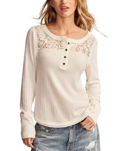 Lucky Brand Women's Cloud Lace Mix Henley Top In Whisper White