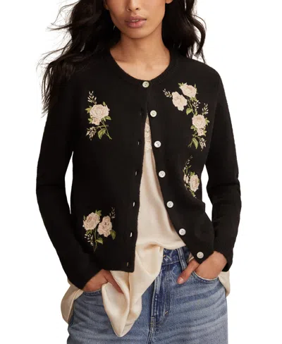 Lucky Brand Women's Cloud Soft Embroidered Crewneck Cardigan In Black