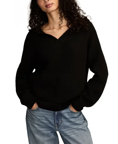 Lucky Brand Waffle Knit V-neck Sweater In Black