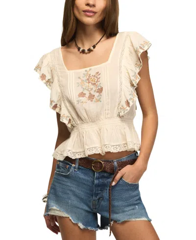 Lucky Brand Floral Embroidered Gauze Top In Neutral