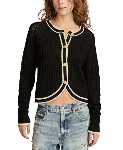 Lucky Brand Women's Contrast-trim Button-front Sweater Jacket In Black