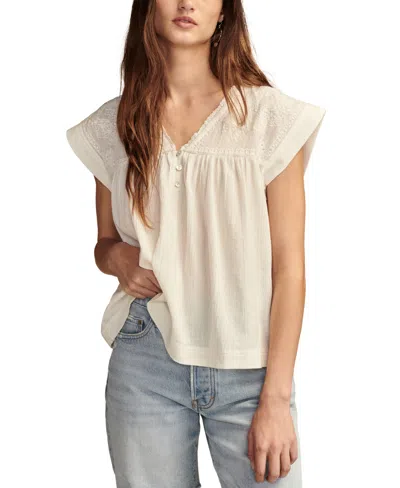 Lucky Brand Women's Cotton Band-sleeve Yoke Top In Gardenia