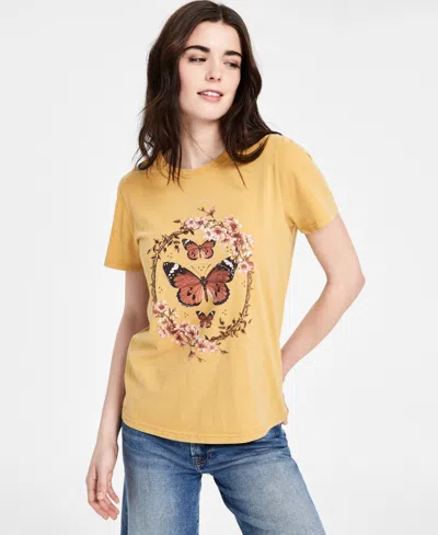 Lucky Brand Women's Cotton Butterfly Frame Crewneck Tee In Mustard Gold