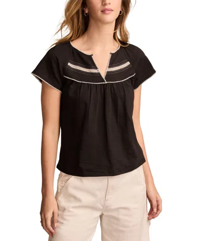 Lucky Brand Women's Cotton Contrast-trim Short-sleeve Peasant Top In Meteorite