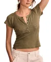 Lucky Brand Women's Cotton Crochet-trim Short-sleeve Henley Top In Dusty Olive