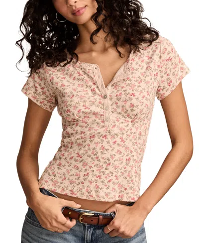 Lucky Brand Women's Cotton Crochet-trim Short-sleeve Henley Top In Peach Multi Floral