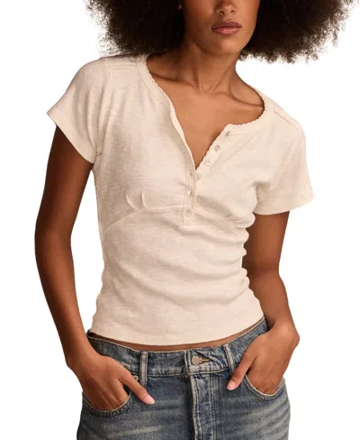 Lucky Brand Women's Cotton Crochet-trim Short-sleeve Henley Top In Whisper White