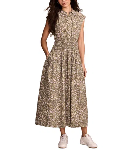 Lucky Brand Women's Cotton Dropped-waist Midi Shirtdress In Olive Floral