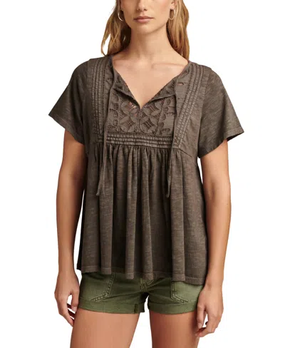 Lucky Brand Women's Cotton Embroidered Babydoll Tie-neck Top In Asphalt