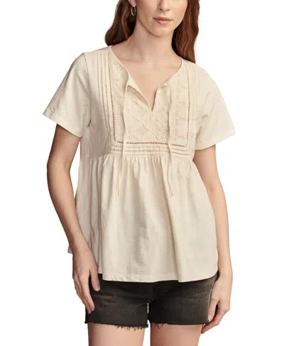 Lucky Brand Women's Cotton Embroidered Babydoll Tie-neck Top In Whisper White