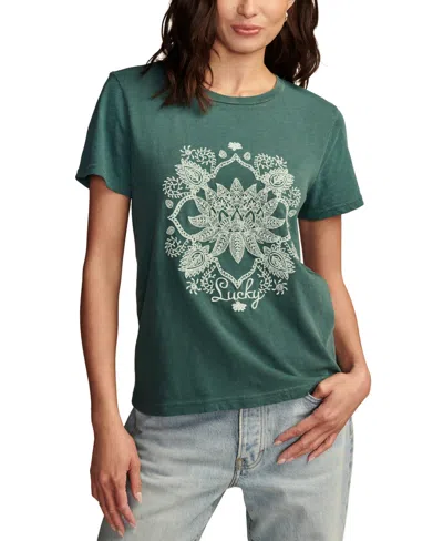 Lucky Brand Women's Cotton Embroidered Lucky Lotus Tee In Hydro