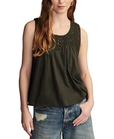Lucky Brand Women's Cotton Embroidered Yoke Sleeveless Top In Raven