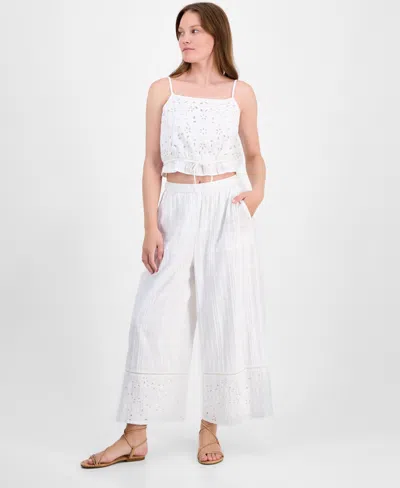 Lucky Brand Women's Cotton High-rise Cutwork Wide-leg Pants In White