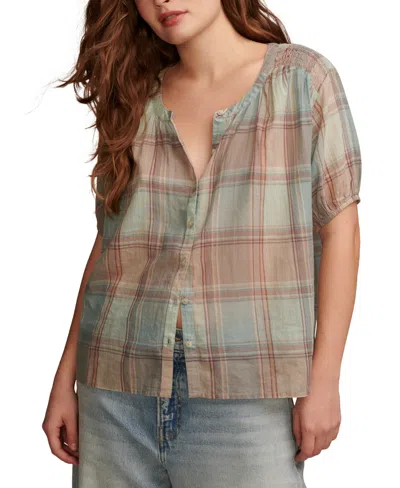 Lucky Brand Women's Cotton Plaid Smocked-shoulder Blouse In Ginger Root Plaid