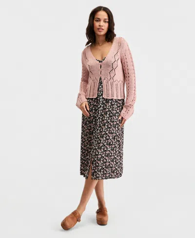Lucky Brand Women's Cotton Pointelle Cropped Cardigan In Pink