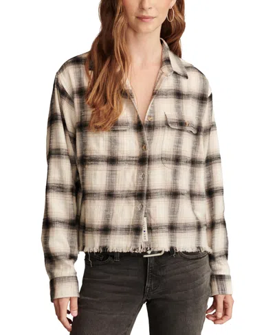 Lucky Brand Women's Cotton Raw Edge Plaid Cropped Button Down Top In Cream Black Plaid