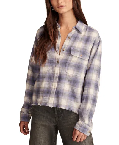 Lucky Brand Women's Cotton Raw Edge Plaid Cropped Button Down Top In Lavender Grey Plaid