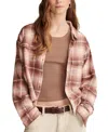 Lucky Brand Women's Cotton Raw Edge Plaid Cropped Button Down Top In Peach Brown Plaid