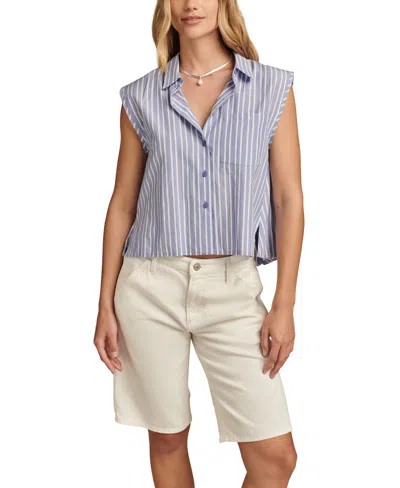 Lucky Brand Women's Cotton Sleeveless Bubble Hem Shirt In Blue Stripe