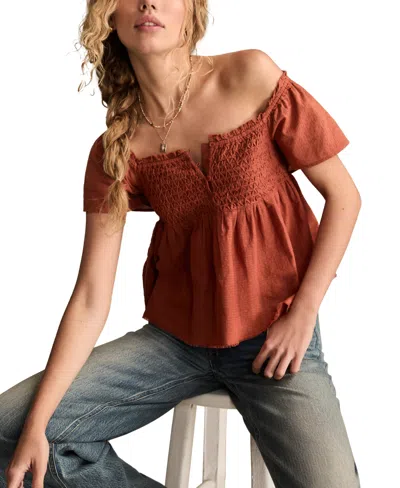 Lucky Brand Women's Cotton Smocked-bodice Babydoll Top In Burgundy