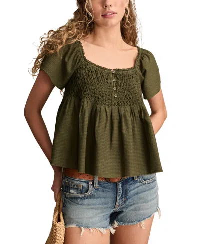 Lucky Brand Women's Cotton Smocked-bodice Babydoll Top In Green