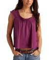 Lucky Brand Smocked Tie Neck Cotton Top In Purple