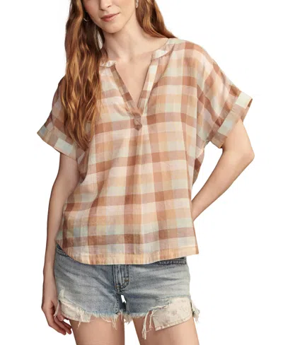 Lucky Brand Women's Cotton Striped Dolman Popover Shirt In Brown Pink Plaid