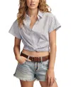 Lucky Brand Twist Front Crop Button-up Shirt In Blue Multi Stripe