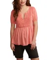 Lucky Brand Crochet Yoke Babydoll Top In Peach Blossom