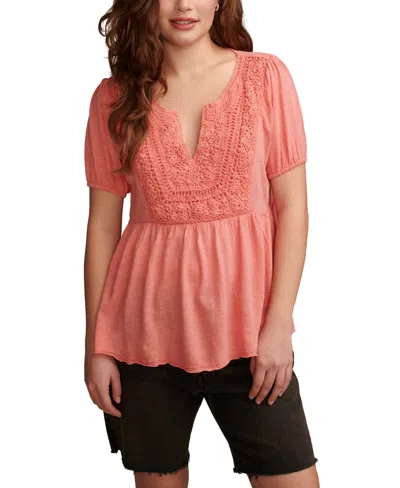 Lucky Brand Women's Crochet-yoke Short-sleeve Babydoll Top In Peach Blossom