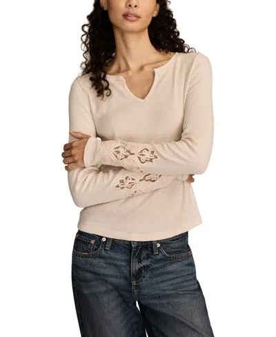 Lucky Brand Cutwork Detail Cotton Rib Top In Neutral