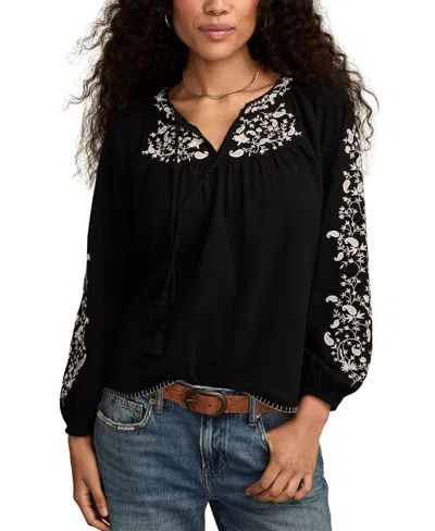 Lucky Brand Women's Embroidered Bubble Peasant Top In Black