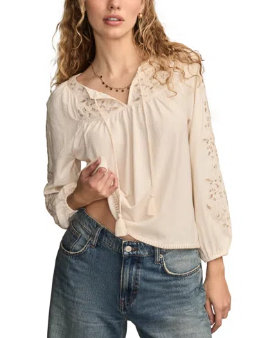 Lucky Brand Women's Embroidered Bubble Peasant Top In White
