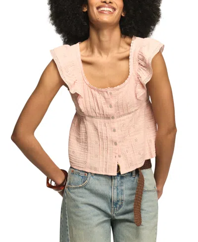 Lucky Brand Women's Embroidered Cotton Babydoll Top In Pink