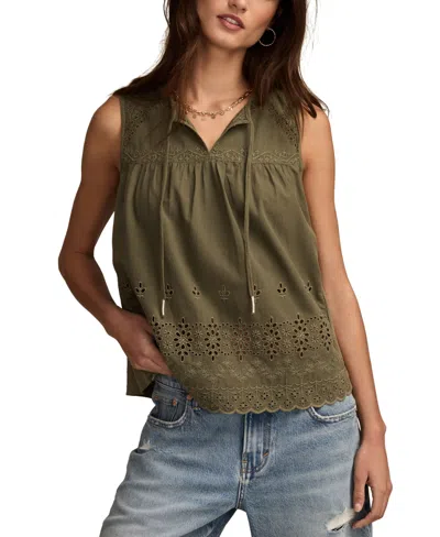 Lucky Brand Women's Embroidered Cotton Tie-neck Top In Green