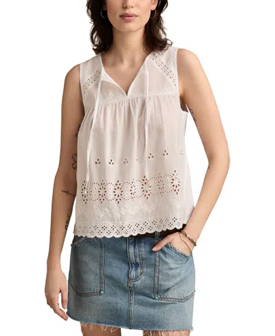 Lucky Brand Women's Embroidered Cotton Tie-neck Top In White