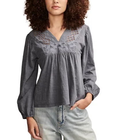 Lucky Brand Women's Embroidered Cutout Cotton Top In Nightshadow Blue