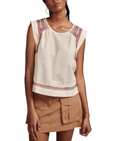 Lucky Brand Women's Embroidered High-low Cotton Sleeveless Blouse In Gardenia