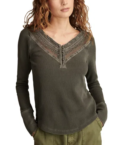 Lucky Brand Women's Embroidered Mesh Henley Top In Meteorite