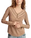 Lucky Brand Embroidered Mesh Henley In Raw Umber