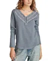 Lucky Brand Embroidered Mesh Henley In Stonewash